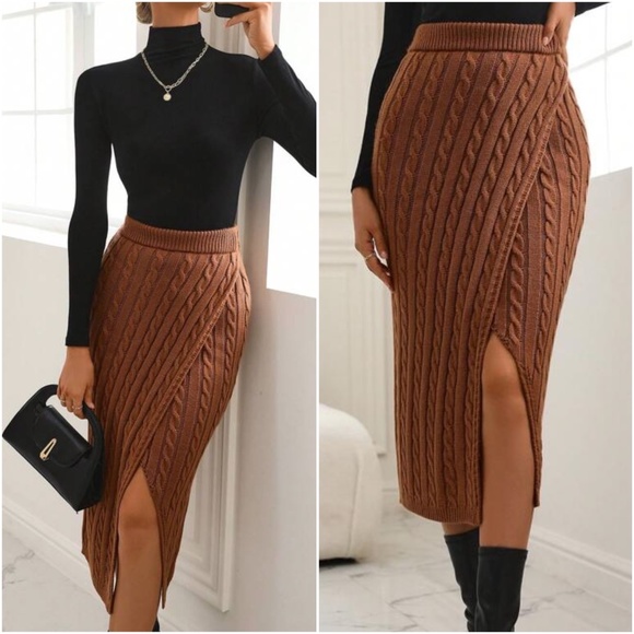 BellanBlue Dresses & Skirts - 048 Cable Knit Split Thigh Ribbed Midi Skirt